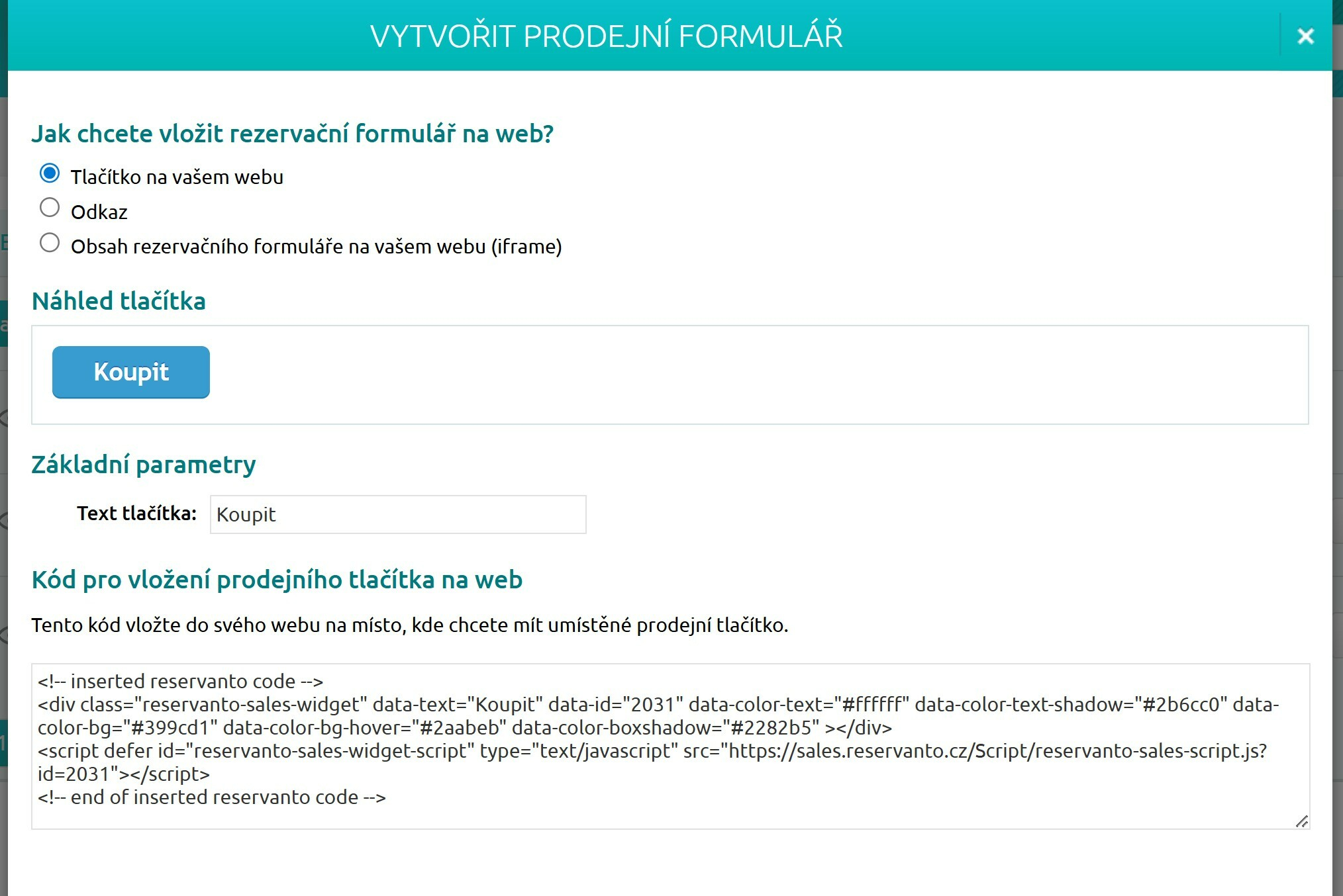 okno Vytvořit prodejní formulář